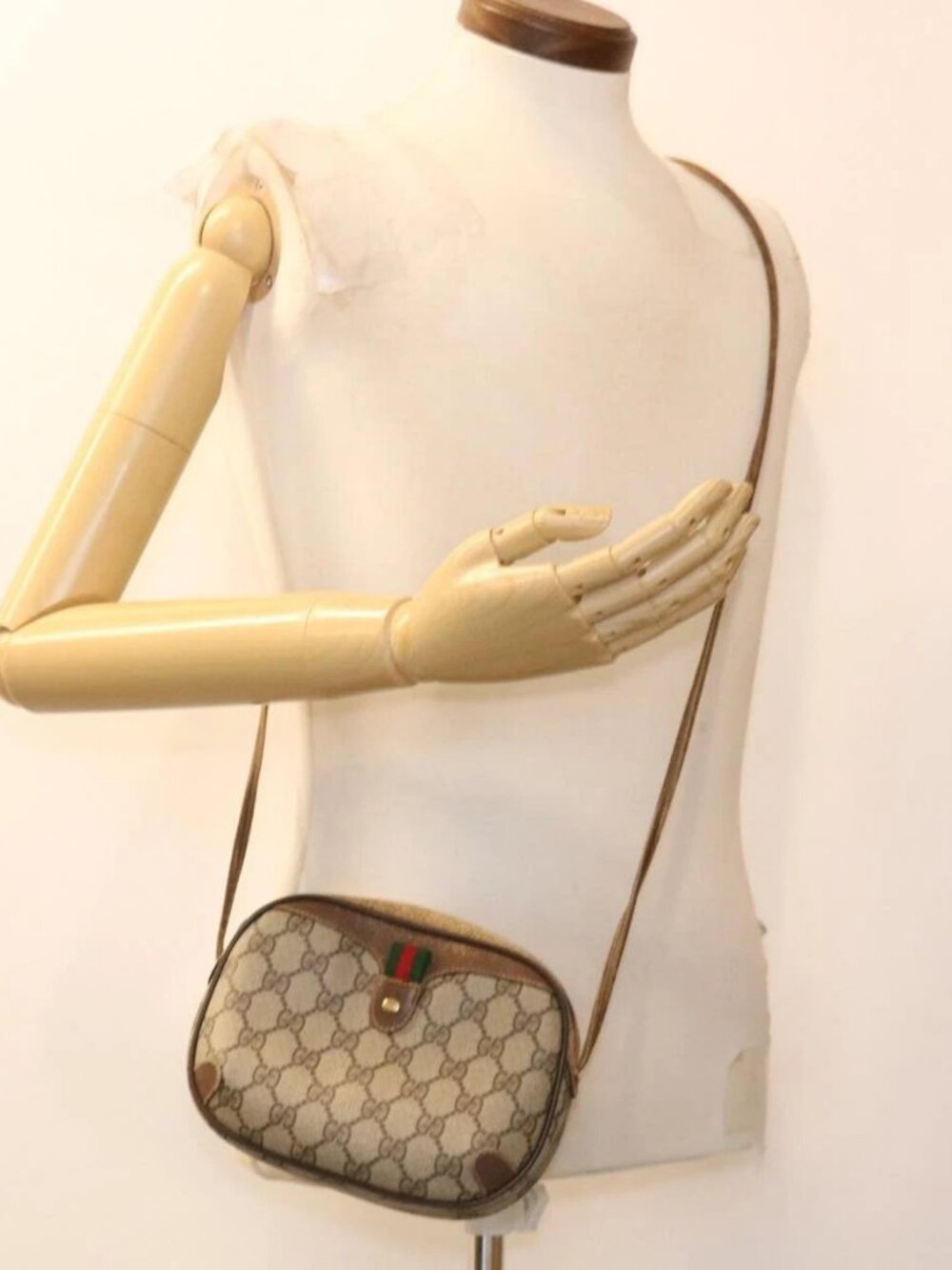 GUCCI Web Sherry Line GG Canvas Shoulder Bag PVC Leather Beige Green Auth rd4502 - Picture 1 of 16